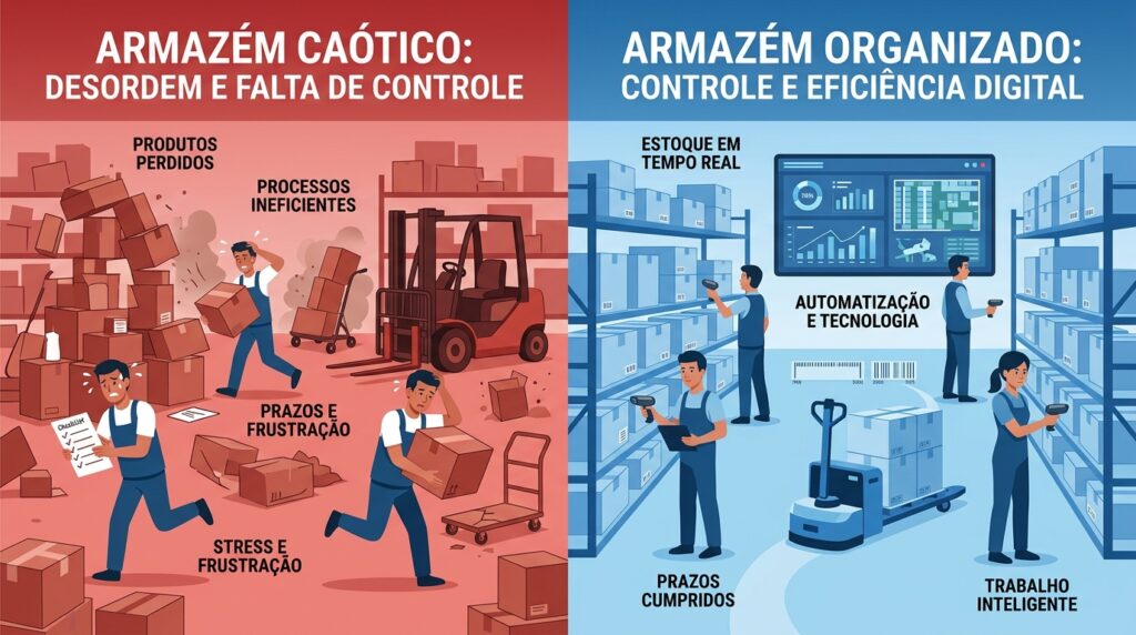 Infográfico comparativo: à esquerda, um armazém caótico com funcionários estressados e processos manuais; à direita, um armazém organizado com automação digital, coletores de dados e eficiência logística.
