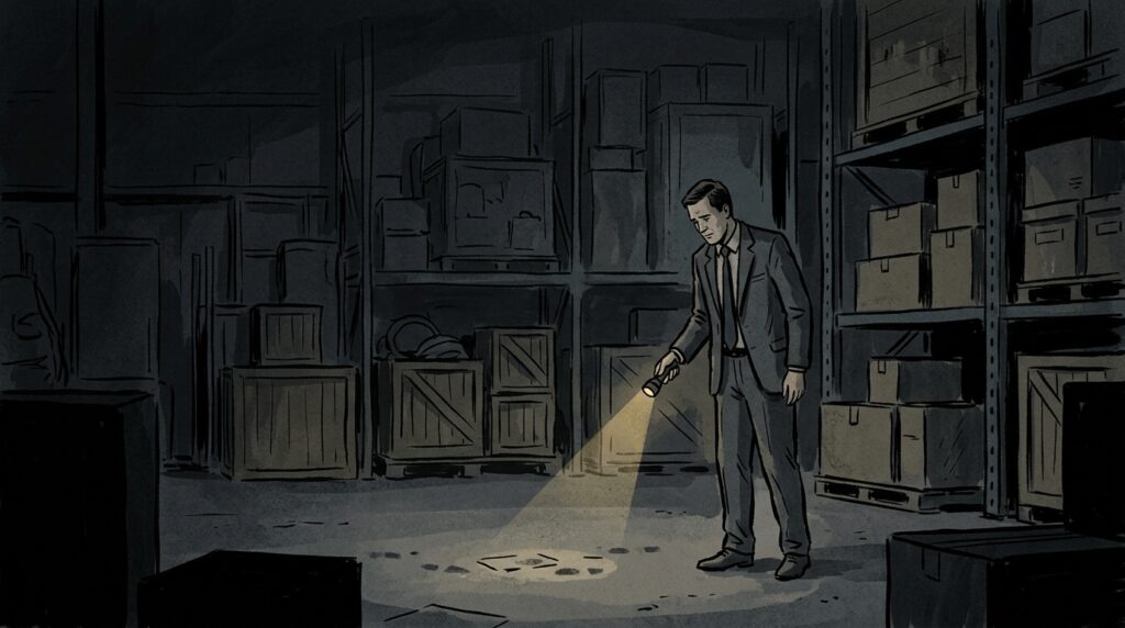 Ilustração em tons escuros de um homem de terno usando uma lanterna para procurar produtos em um estoque escuro e desorganizado, simbolizando a falta de controle de inventário.