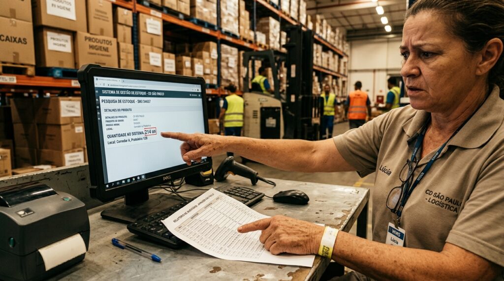 Funcionária de logística operando sistema WMS em um computador, apontando para a quantidade de itens na tela enquanto segura um formulário de conferência em um centro de distribuição.