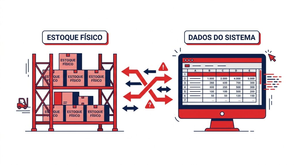 Ilustração comparativa entre estoque físico e dados do sistema, mostrando setas desencontradas e ícones de alerta para representar erros de inventário e falta de integração digital.