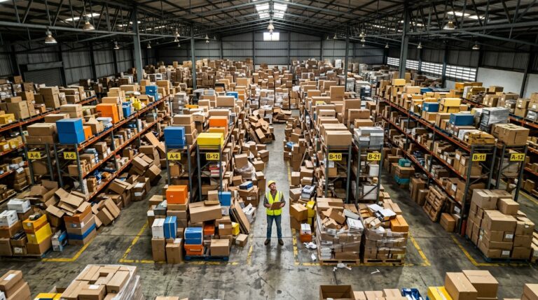 Vista aérea de um armazém logístico com excesso de caixas desorganizadas e um funcionário de colete refletivo segurando uma prancheta no centro do corredor.