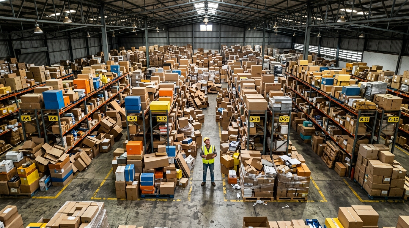 Vista aérea de um armazém logístico com excesso de caixas desorganizadas e um funcionário de colete refletivo segurando uma prancheta no centro do corredor.