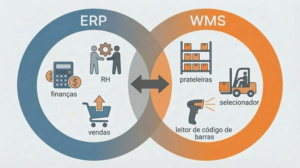 Infográfico comparativo entre ERP e WMS mostrando integração de finanças, RH e vendas com gestão de estoque e coletores.