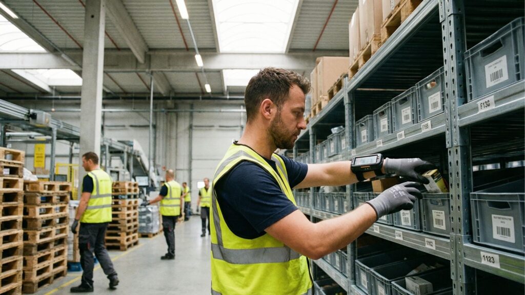Operador de estoque utilizando coletor de dados de pulso para separação de mercadorias em sistema WMS.