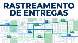 Ilustração de um mapa urbano com ícones de caminhões de entrega verdes e azuis em rota, sob o título "RASTREAMENTO DE ENTREGAS" em letras garrafais.