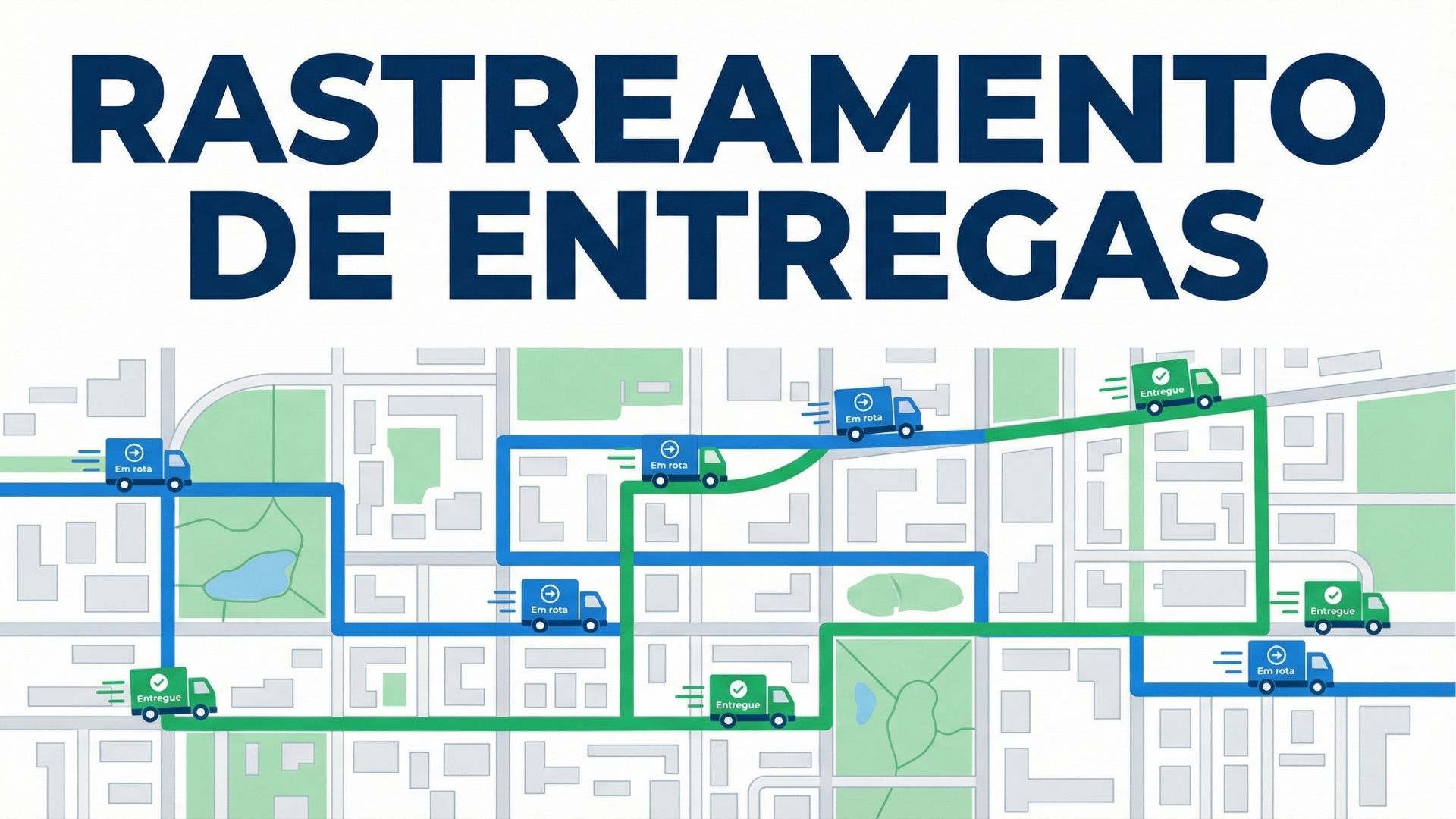 Ilustração de um mapa urbano com ícones de caminhões de entrega verdes e azuis em rota, sob o título "RASTREAMENTO DE ENTREGAS" em letras garrafais.