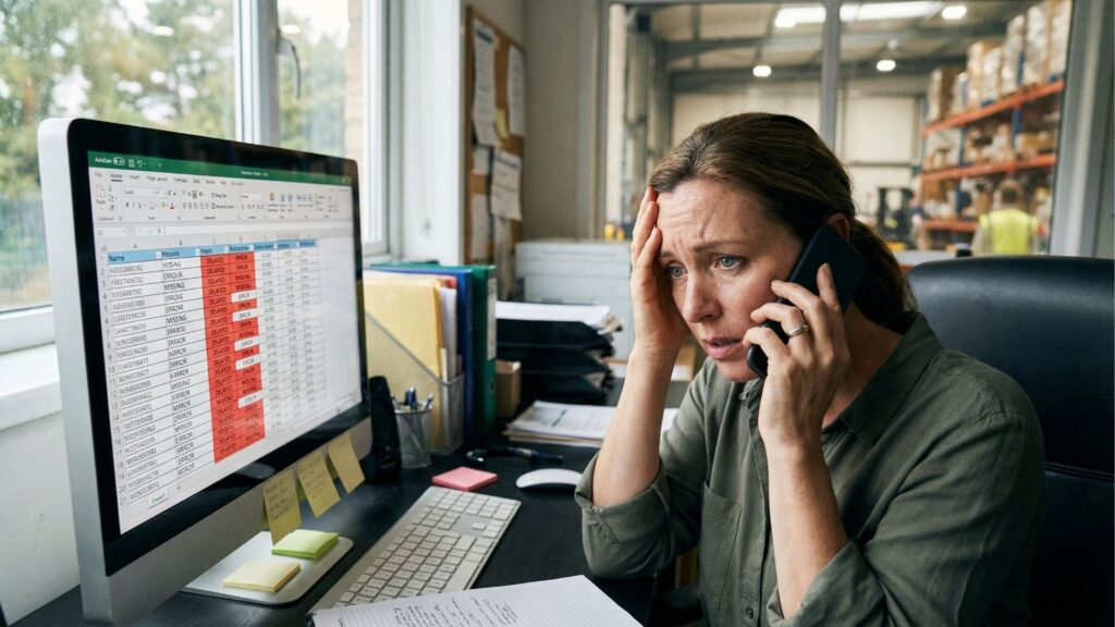 Mulher com expressão estressada ao telefone em um escritório, olhando para uma planilha de computador com diversas marcações de erros e atrasos em vermelho.