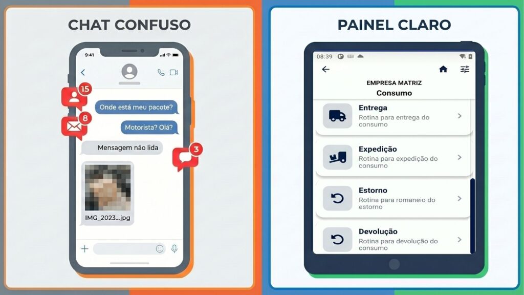 Infográfico comparativo mostrando à esquerda um "Chat Confuso" com muitas notificações de mensagens e à direita um "Painel Claro" de aplicativo logístico com opções de Entrega e Expedição.