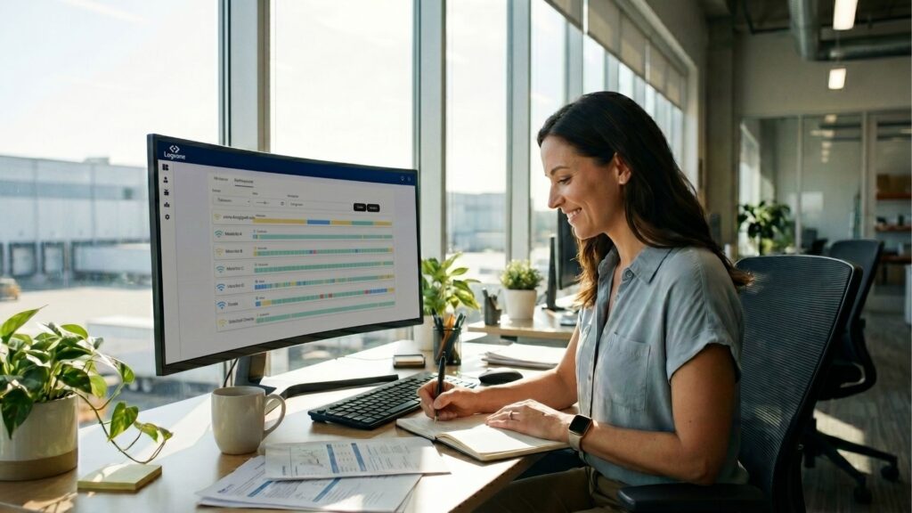 Gestora logística sorrindo enquanto escreve em um caderno, visualizando um software de rastreamento de entregas com gráficos de barras coloridas em um monitor de tela curva.
