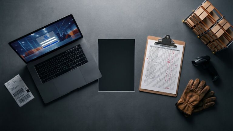 Visão superior de mesa de trabalho com notebook exibindo software Logsync, prancheta de inventário, scanner de código de barras e luvas de proteção.