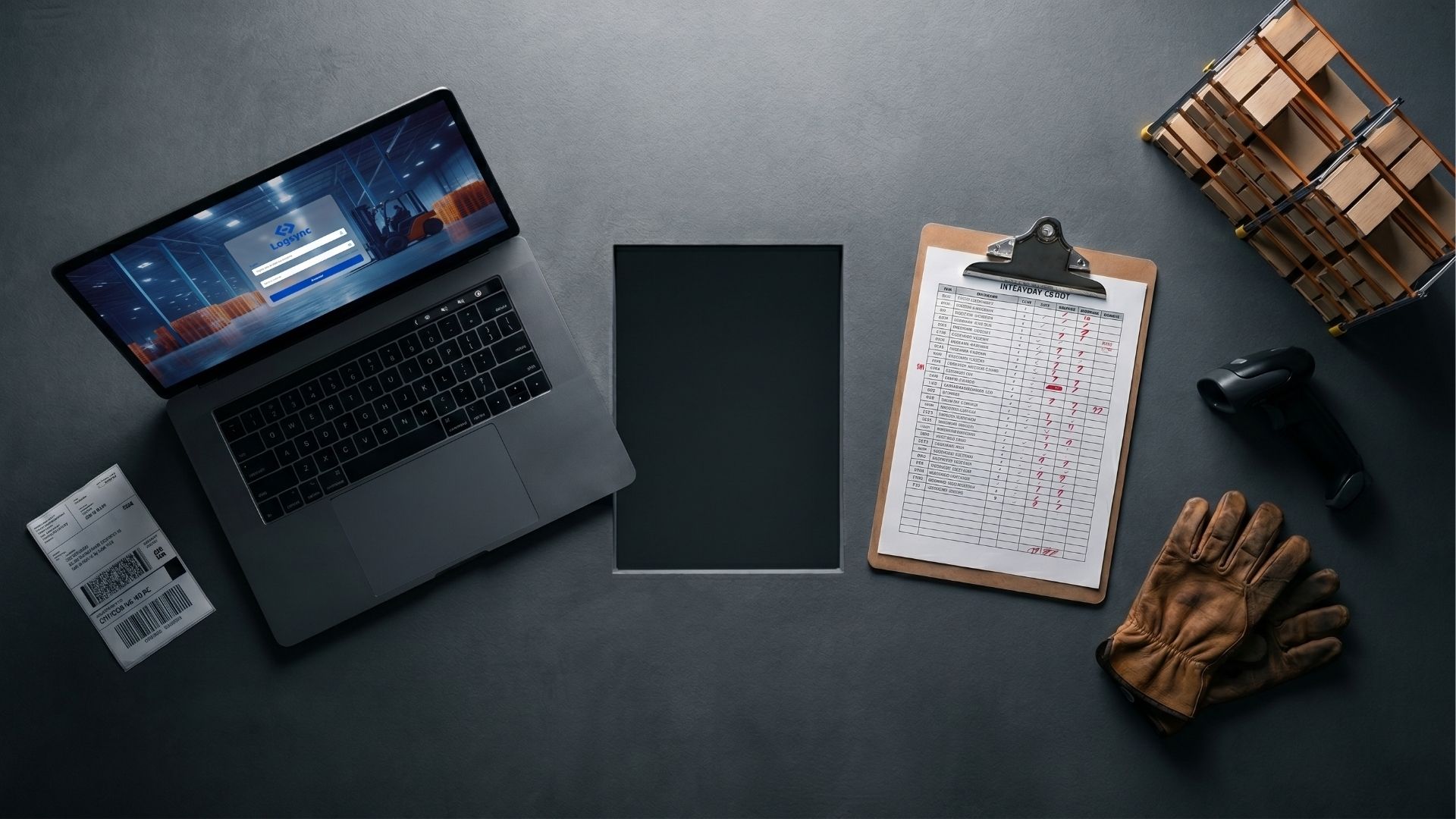 Visão superior de mesa de trabalho com notebook exibindo software Logsync, prancheta de inventário, scanner de código de barras e luvas de proteção.