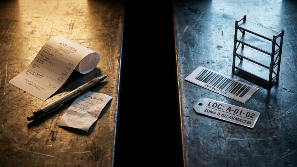 Close de notas fiscais, caneta e etiquetas de código de barras com identificação de zona de armazém sobre mesa metálica industrial.