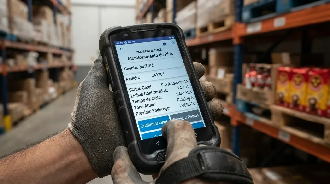 produtividade de operadores: Close-up das mãos de um operador logístico vestindo luvas de proteção reforçadas e segurando um coletor de dados portátil robusto. A tela do aparelho exibe a interface de "Monitoramento de Pick", registrando o "Pedido: 549301", "Status Geral: Em Andamento", "Linhas Confirmadas: 14 / 15", "Tempo de Ciclo: 04m 12s", "Zona Atual: Picking A" e o "Próximo Endereço: 200801C", além do botão "Confirmar Linha". Ao fundo desfocado, veem-se os corredores de armazenagem com paletes e produtos embalados.