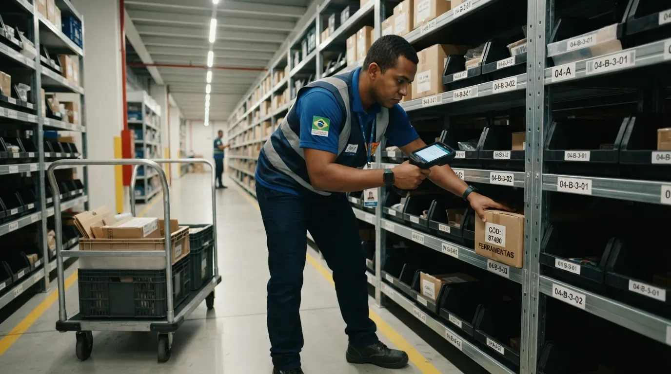 produtividade de operadores: Fotografia em plano médio de um operador logístico negro vestindo colete refletivo cinza sobre camisa polo azul com o patch da bandeira do Brasil na manga. Ele está inclinado em um corredor de prateleiras metálicas equipadas com gaveteiros plásticos pretos organizados por códigos como "04-B-3-01". O profissional segura um leitor de código de barras para escanear uma caixa de papelão identificada como "CÓD: 87400 FERRAMENTAS". Ao seu lado esquerdo, um carrinho metálico transporta caixas e organizadores plásticos.