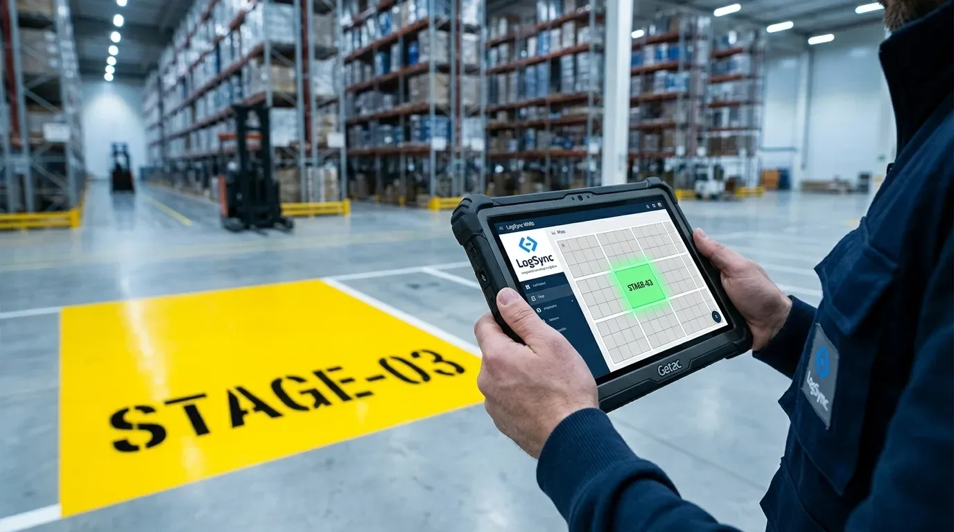 parametrização de WMS: Operador de logística com uniforme azul segura um tablet robusto Getac que exibe o mapa de endereçamento do sistema LogSync. Na tela, a área de preparação "STAGE-03" está destacada em verde brilhante, correspondendo exatamente à grande marcação amarela pintada no chão de concreto em primeiro plano com a inscrição "STAGE-03". Ao fundo, aparecem os corredores com prateleiras altas de um centro de distribuição e uma empilhadeira.