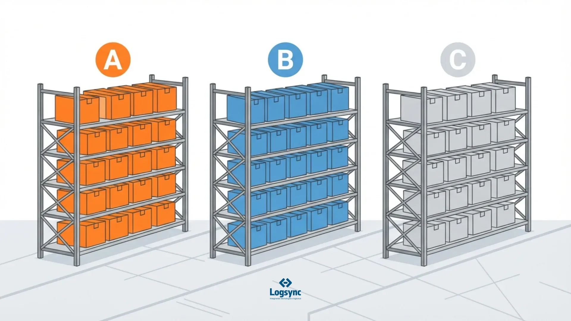 curva ABC estoque: Ilustração vetorial limpa e conceitual sobre fundo branco representando a classificação de inventário. Três estantes industriais metálicas cinzas aparecem organizadas lado a lado. Cada estrutura é identificada no topo por uma etiqueta circular colorida com uma letra maiúscula: a primeira possui um círculo laranja com a letra "A" e está cheia de caixas laranjas; a segunda traz um círculo azul com a letra "B" cheia de caixas azuis; a terceira exibe um círculo cinza com a letra "C" cheia de caixas cinzas-claras.
