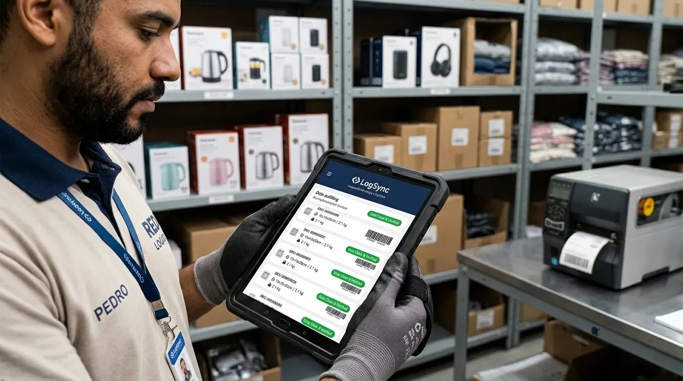 prontidão para implantação de WMS: Mãos de um operador usando luvas de proteção cinzas e pretas seguram um tablet robusto dentro de um centro de distribuição. A tela mostra o aplicativo LogSync WMS - Gestão de Estoque detalhando uma lista de "Low-Turnover SKUs" (itens de baixo giro) e um banner amarelo de "ALERTA CRÍTICO: TEMPO DE ARMAZENAGEM Excedendo 60 Dias". À esquerda, há uma estrutura metálica com caixas identificada como "ZONA B", e o fundo exibe os corredores do armazém de forma ligeiramente desfocada.