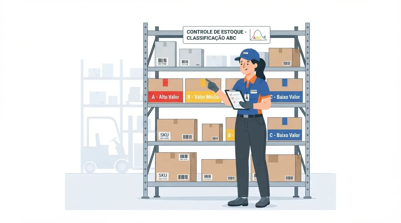 inventário rotativo: Ilustração em estilo vetor plano de uma operadora de logística vestindo uniforme e boné azuis, posicionada em frente a uma estrutura metálica de estocagem. No topo da estante, um painel exibe o título "CONTROLE DE ESTOQUE - CLASSIFICAÇÃO ABC". A profissional segura uma prancheta com um checklist e aponta para as caixas de papelão, que estão divididas e organizadas por faixas coloridas: vermelha para "A - Alto Valor", amarela para "B - Valor Médio" e azul para "C - Baixo Valor".