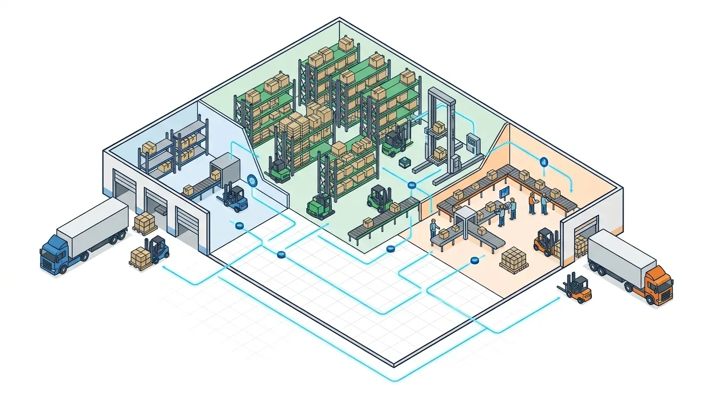 automatizar gestão de armazém: Ilustração isométrica vetorial de corte transversal detalhado de um centro de distribuição logístico completo e conectado. Mostra o fluxo end-to-end: recepção de mercadorias com caminhão azul em docas de carregamento, armazenamento em grandes prateleiras metálicas com AGVs (veículos guiados automaticamente) e despacho de mercadorias com caminhão laranja em docas de saída. Linhas de dados azuis dinâmicas interconectam todos os elementos (prateleiras, empilhadeiras, esteiras transportadoras manuais e motorizadas, estações de trabalho de processamento e caminhões) a um servidor central flutuante no topo, representando um sistema de gerenciamento de cadeia de suprimentos monitorado e integrado.