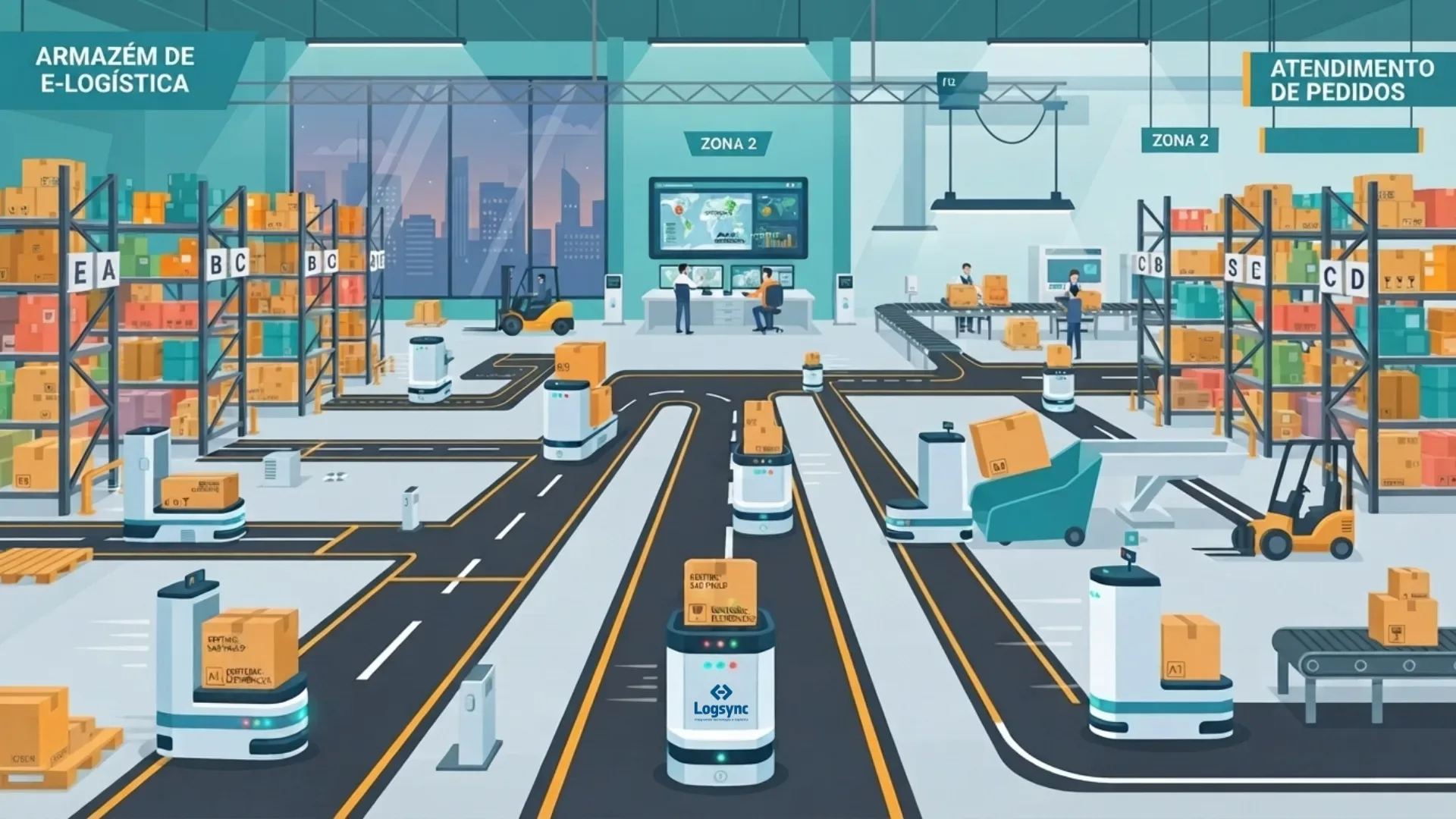 estoque de segurança: Ilustração vetorial plana de uma operação automatizada com os títulos superiores "ARMAZÉM DE E-LOGÍSTICA" e "ATENDIMENTO DE PEDIDOS". O pátio cinza é cortado por várias pistas pretas com linhas amarelas por onde circulam pequenos robôs móveis autônomos (AMRs) brancos e azuis, cada um carregando uma caixa de papelão. Nas laterais, encontram-se gôndolas altas numeradas cheias de caixas coloridas. Ao fundo, uma central de monitoramento chamada "ZONA 2" exibe telas de computadores com mapas e dados operacionais sendo gerenciados por funcionários.