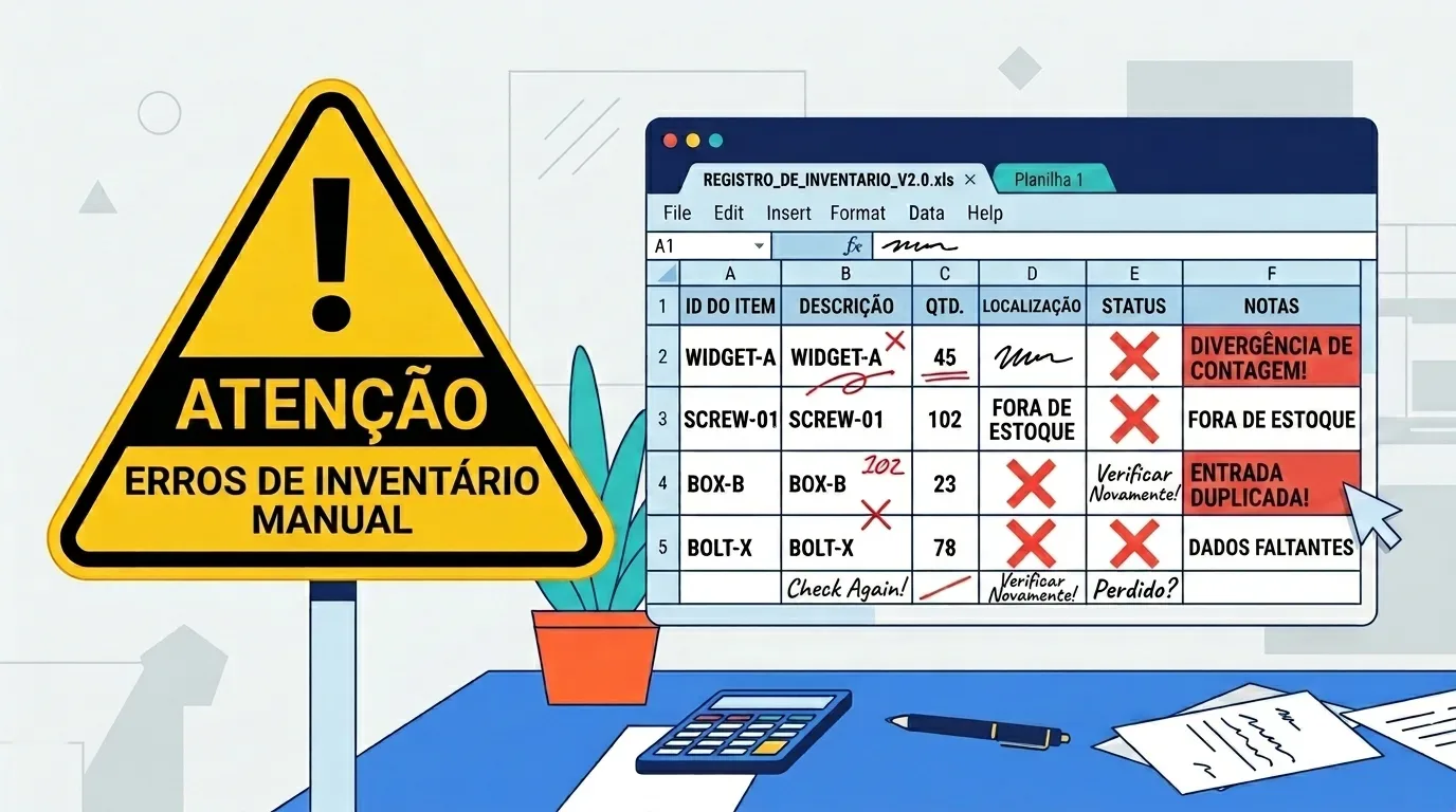 inventário cíclico com WMS: Ilustração conceitual sobre os riscos de processos manuais. À esquerda, destaca-se uma grande placa de trânsito amarela em formato triangular com um ponto de exclamação e o texto "ATENÇÃO: ERROS DE INVENTÁRIO MANUAL". À direita, uma tela de computador exibe uma planilha digital cheia de marcações de erro, como grandes "X" vermelhos e anotações destacadas em células vermelhas com os textos "DIVERGÊNCIA DE CONTAGEM!", "FORA DE ESTOQUE", "ENTRADA DUPLICADA!" e "DADOS FALTANTES". Uma calculadora e uma caneta estão sobre a mesa azul.