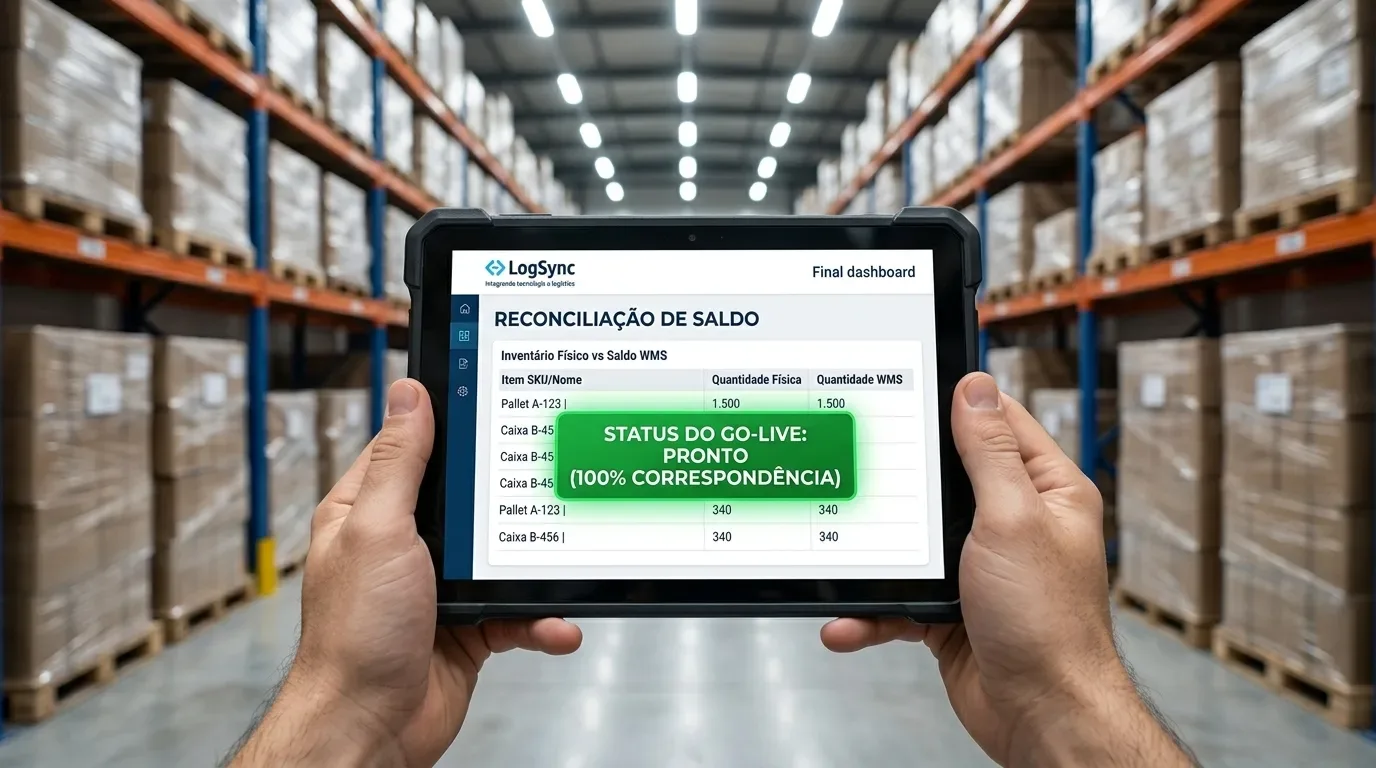 parametrização de WMS: Operador de logística com uniforme azul segura um tablet robusto Getac que exibe o mapa de endereçamento do sistema LogSync. Na tela, a área de preparação "STAGE-03" está destacada em verde brilhante, correspondendo exatamente à grande marcação amarela pintada no chão de concreto em primeiro plano com a inscrição "STAGE-03". Ao fundo, aparecem os corredores com prateleiras altas de um centro de distribuição e uma empilhadeira.