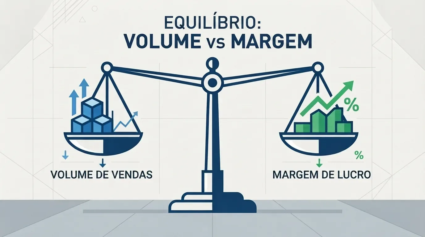 curva ABC estoque: Gráfico conceitual em vetor com o título superior em destaque "EQUILÍBRIO: VOLUME vs MARGEM". No centro, o desenho de uma balança de dois pratos azul e branca ilustra o equilíbrio financeiro de um negócio. O prato esquerdo sustenta blocos cúbicos azuis acompanhados de setas de crescimento, apontando diretamente para a legenda inferior "VOLUME DE VENDAS". O prato direito carrega barras gráficas verdes com símbolos de porcentagem (%) e uma linha de tendência ascendente, apontando para a legenda inferior "MARGEM DE LUCRO".