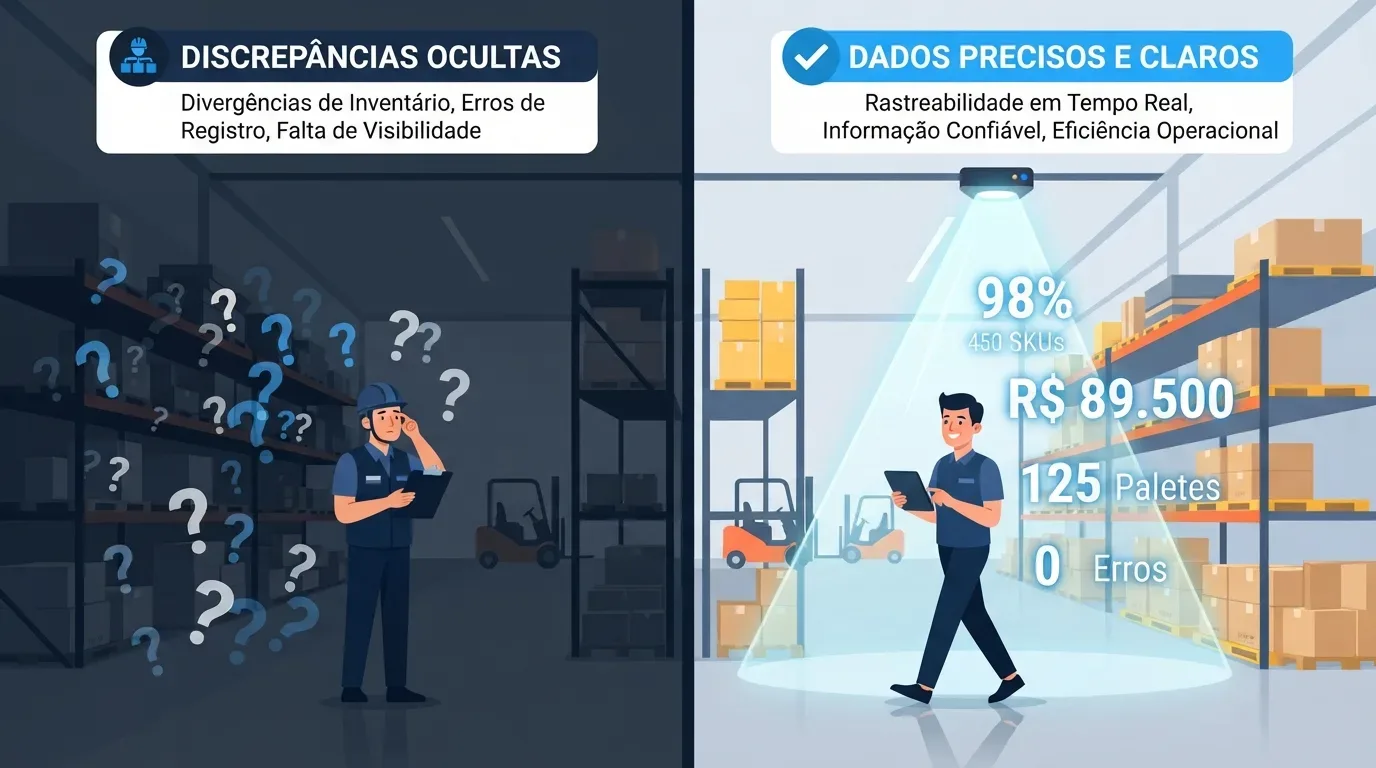 inventário rotativo: Infográfico comparativo dividido em dois cenários sobre gestão de estoque. Do lado esquerdo, sob um fundo cinza-escuro intitulado "DISCREPÂNCIAS OCULTAS", um operador de armazém coça a cabeça com expressão confusa diante de prateleiras escuras cheias de caixas e vários pontos de interrogação flutuantes. Do lado direito, em um ambiente iluminado e organizado intitulado "DADOS PRECISOS E CLAROS", um operador sorridente caminha checando um tablet sob um feixe de luz azul que projeta indicadores em tempo real: "98% 450 SKUs", "R$ 89.500", "125 Paletes" e "0 Erros".