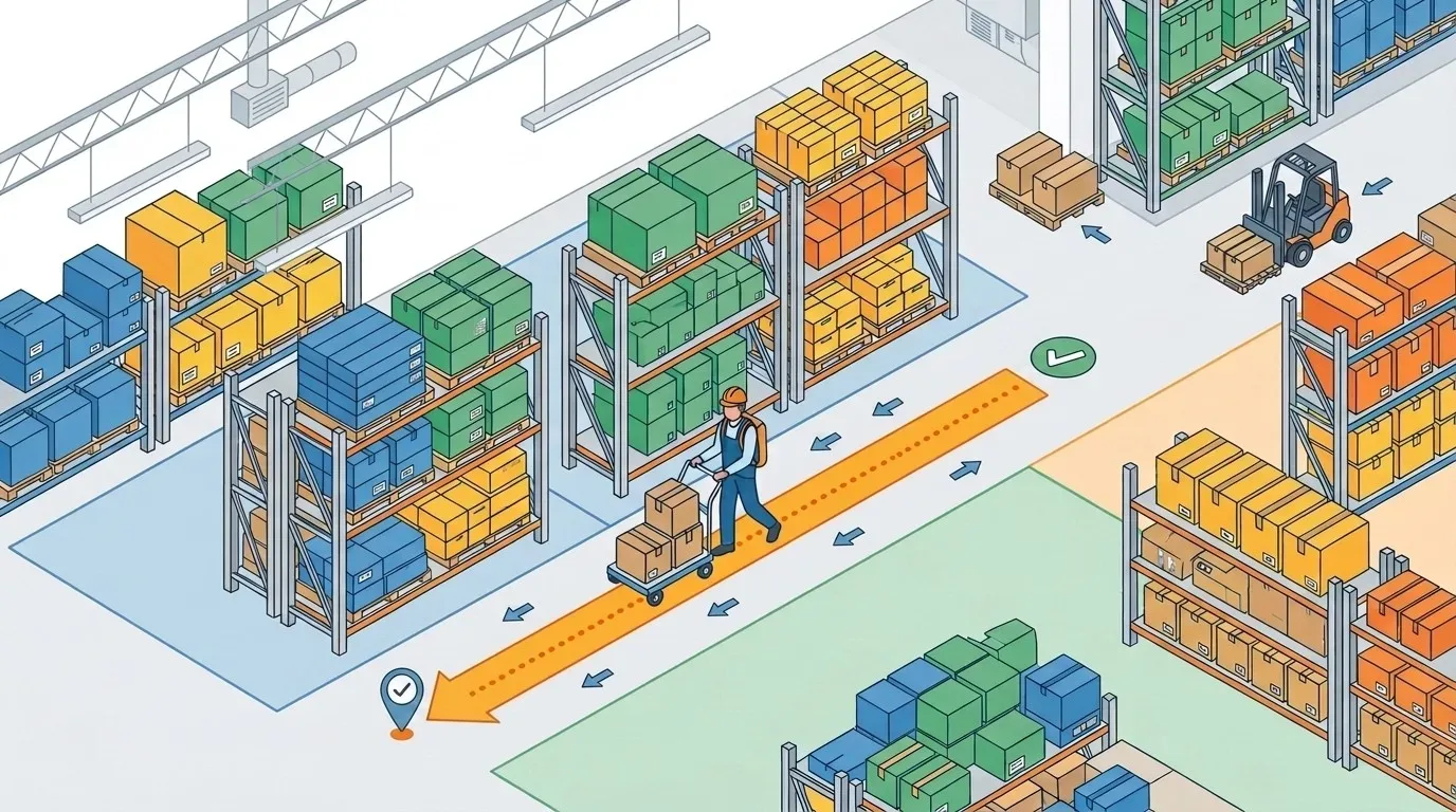automatizar gestão de armazém: Ilustração isométrica colorida e limpa de um armazém logístico de alta densidade. Múltiplas prateleiras metálicas altas estão repletas de caixas coloridas (azuis, verdes, amarelas e laranjas). Um funcionário com capacete de segurança e colete empurra um carrinho de mão carregado de caixas ao longo de uma rota central marcada com uma seta laranja proeminente. Marcadores de status flutuantes (check-marks verde e azul) e setas menores azuis indicam fluxo direcional otimizado para picking e movimentação eficiente de materiais. No fundo, uma empilhadeira opera entre as prateleiras.