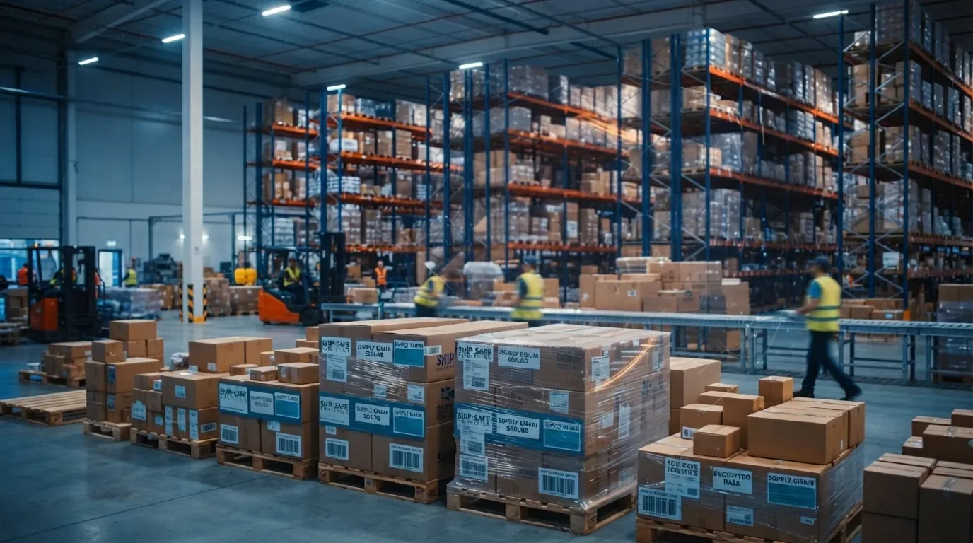 Fotografia realista em plano geral do interior de um grande armazém logístico moderno. Em primeiro plano, veem-se paletes de madeira no chão segurando blocos de caixas de papelão perfeitamente empilhadas e envolvidas por filme plástico transparente de proteção; algumas caixas exibem etiquetas azuis com códigos. Ao fundo, grandes estruturas verticais de porta-paletes erguem-se carregadas de mercadorias, enquanto funcionários de colete refletivo amarelo trabalham ao longo de uma linha de esteira e empilhadeiras.