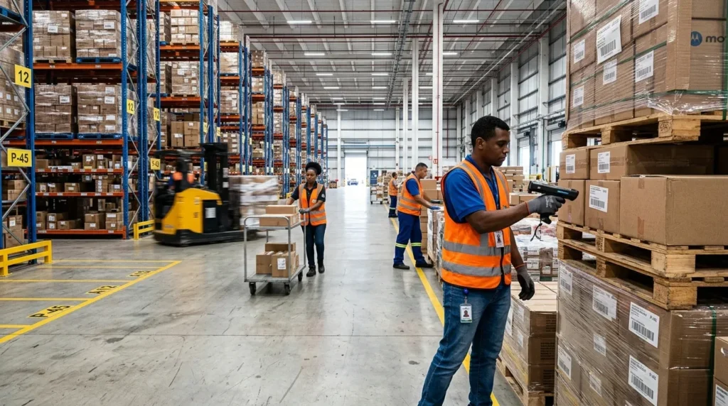 Fotografia industrial real capturada dentro de um vasto armazém de distribuição sob iluminação de teto. No primeiro plano à direita, um funcionário negro vestindo colete de segurança laranja escaneia códigos de barras em caixas de papelão em um palete de madeira usando um leitor portátil. Atrás dele, no longo corredor ladeado por estantes altas cheias de caixas, outros funcionários em coletes laranjas empurram carrinhos e caminham. Uma empilhadeira amarela desfocada move paletes no fundo. Etiquetas de localização amarela e azul (como '12' e 'P-45') são visíveis nas estantes industriais de metal.