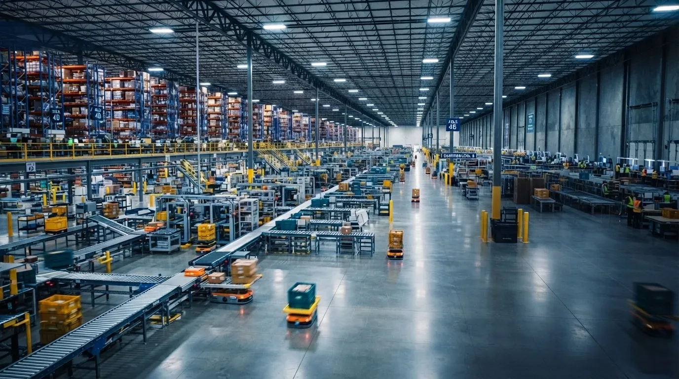 Fotografia realista em plano geral e ângulo elevado mostrando a operação interna de um gigantesco e moderno centro de distribuição logística automatizado. À esquerda, estendem-se longas linhas de sistemas de esteiras transportadoras que movimentam caixas e caçambas plásticas amarelas e azuis, flanqueadas por imensas estruturas verticais de armazenamento de paletes que vão até o teto. No amplo e brilhante piso de concreto cinza do centro e da direita, pequenos robôs móveis autônomos (AMRs) circulam transportando mercadorias sob uma forte iluminação industrial.