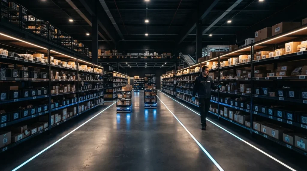 Fotografia realista e imersiva do corredor interno de uma moderna dark store com iluminação focada. Longas fileiras de estantes pretas e iluminadas por fitas de LED embutidas organizam caixas de papelão com etiquetas de códigos QR. No chão de concreto polido e escuro, linhas de luz lineares demarcam o caminho para carrinhos de carga autônomos. À direita, um operador logístico de uniforme escuro caminha conferindo o estoque nas prateleiras.