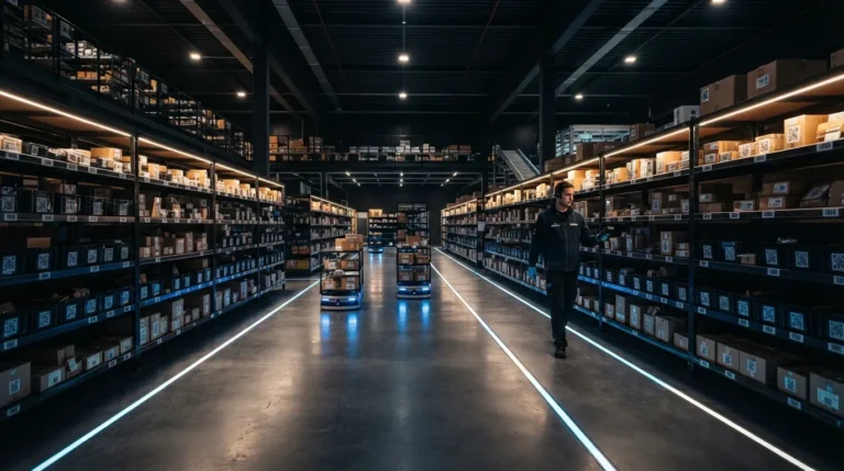 Fotografia realista e imersiva do corredor interno de uma moderna dark store com iluminação focada. Longas fileiras de estantes pretas e iluminadas por fitas de LED embutidas organizam caixas de papelão com etiquetas de códigos QR. No chão de concreto polido e escuro, linhas de luz lineares demarcam o caminho para carrinhos de carga autônomos. À direita, um operador logístico de uniforme escuro caminha conferindo o estoque nas prateleiras.