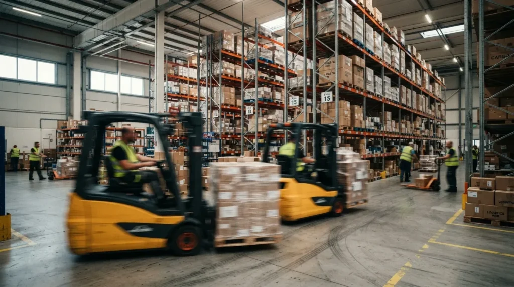 Fotografia realista e de ação no interior de um grande e movimentado centro de distribuição logística. Em primeiro plano, duas empilhadeiras amarelas e pretas cruzam o galpão em direções opostas transportando paletes carregados com caixas de papelão envelopadas em plástico filme, capturadas com um efeito dinâmico de desfoque de movimento (motion blur). Ao fundo, erguem-se racks metálicos gigantescos e verticais, totalmente preenchidos por milhares de caixas organizadas. Diversos funcionários vestindo coletes de alta visibilidade circulam pelo amplo piso de concreto.