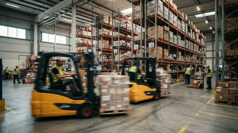 Fotografia realista e de ação no interior de um grande e movimentado centro de distribuição logística. Em primeiro plano, duas empilhadeiras amarelas e pretas cruzam o galpão em direções opostas transportando paletes carregados com caixas de papelão envelopadas em plástico filme, capturadas com um efeito dinâmico de desfoque de movimento (motion blur). Ao fundo, erguem-se racks metálicos gigantescos e verticais, totalmente preenchidos por milhares de caixas organizadas. Diversos funcionários vestindo coletes de alta visibilidade circulam pelo amplo piso de concreto.