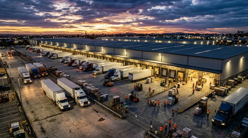 Fotografia aérea de ângulo aberto mostrando o pátio de um grande centro de distribuição logística em atividade no início da noite. O galpão principal possui uma longa fileira de docas numeradas e fortemente iluminadas. Dezenas de caminhões de grande porte e carretas com baús brancos estão estacionados perpendicularmente ao prédio. No pátio de concreto, pequenos grupos de trabalhadores usando coletes refletivos laranja coordenam a movimentação de cargas e empilhadeiras ao redor de pilhas de paletes organizadas. Ao fundo, o céu exibe um pôr do sol dramático com tons de laranja e roxo contrastando com nuvens escuras.