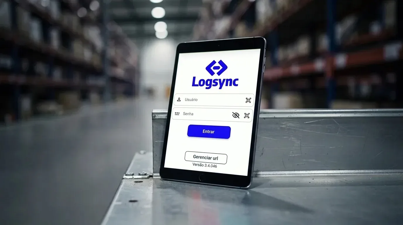 treinamento de equipe para WMS: Um tablet preto exibe a tela de login para o aplicativo 'Logsync' com campos de entrada de usuário e senha e um botão 'Entrar', em pé verticalmente sobre uma plataforma industrial cinza metálica. A interface do aplicativo branca apresenta o logotipo azul 'Logsync' acima dos campos. O fundo recua em uma perspectiva profunda e interminável de prateleiras de armazém industrial bem iluminadas cheias de mercadorias.