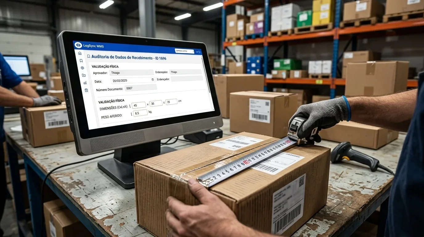 erros na implantação de WMS: Fotografia focada na ação de conferência e auditoria de mercadorias. Em primeiro plano, mãos usando luvas de proteção cinzas com borda azul utilizam uma trena metálica para medir o comprimento de uma caixa de papelão sobre uma bancada de trabalho de madeira gasta. À esquerda da caixa, um terminal digital robusto exibe a tela de "Auditoria de Dados de Recebimento" do sistema "LogSync WMS", exibindo campos preenchidos de validação física com dimensões de embalagem e peso aferido. Um leitor de código de barras manual está pousado na mesa à direita, e o fundo revela prateleiras industriais com caixas estocadas.