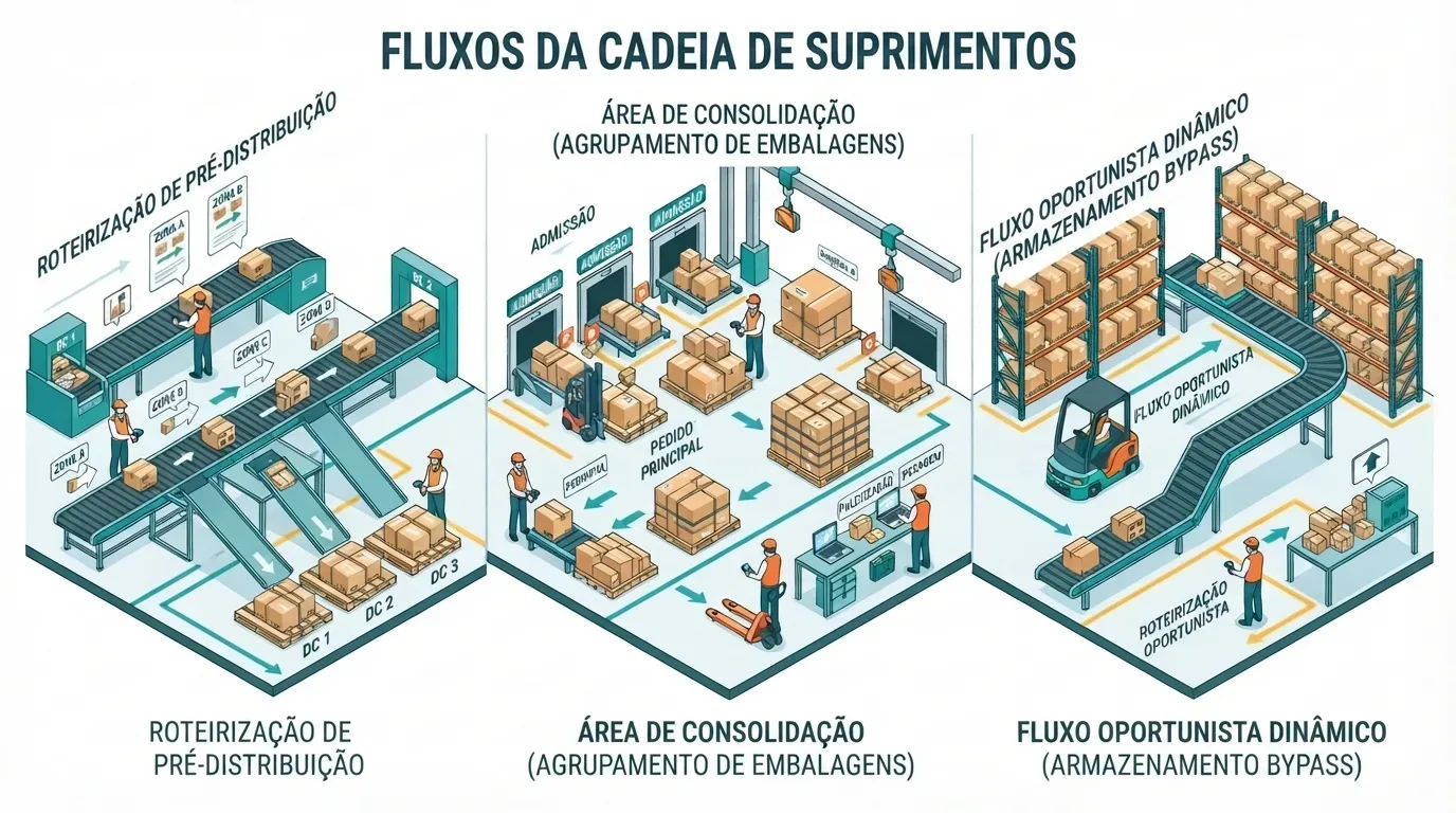 cross-docking logística: Diagrama técnico e conceitual em perspectiva isométrica intitulado em letras garrafais "FLUXOS DA CADEIA DE SUPRIMENTOS". A ilustração é dividida verticalmente em três grandes etapas logísticas integradas:  Roteirização de Pré-Distribuição (Esquerda): Mostra caixas de papelão avançando por uma esteira transportadora motorizada que se divide em ramais para gôndolas de triagem identificadas como DC 1, DC 2 e DC 3, com operadores monitorando o fluxo.  Área de Consolidação / Agrupamento de Embalagens (Centro): Ilustra uma zona de descarga identificada como "ADMISSÃO", onde operadores usam transpaleteiras e notebooks para agrupar volumes menores em um palete centralizado sob a etiqueta "PEDIDO PRINCIPAL".  Fluxo Oportunista Dinâmico / Armazenamento Bypass (Direita): Mostra grandes estruturas de porta-paletes verticais. Uma empilhadeira retira a carga das prateleiras e a coloca diretamente em uma esteira de alta velocidade indicada como "Fluxo Oportunista Dinâmico", enviando os produtos direto para a área de expedição sem passar por armazenamento prolongado.