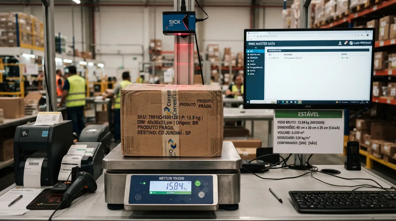 slotting de armazém: Fotografia em plano médio de uma estação de cubagem e pesagem automatizada em um centro de distribuição. Sobre a balança digital da marca Mettler Toledo, que indica "15.84 kg", repousa uma caixa de papelão etiquetada com a impressão "PRODUTO FRÁGIL" e especificações de destino para o "CD JUNDIAÍ - SP". Um sensor óptico da marca SICK faz a leitura volumétrica por cima da caixa. Ao lado, um monitor exibe a tela "WMS MASTER DATA" e um painel de confirmação verde escrito "ESTÁVEL", registrando o peso medido e dimensões de 40 cm x 30 cm x 25 cm. A bancada conta ainda com uma impressora térmica de etiquetas e leitor de código de barras.