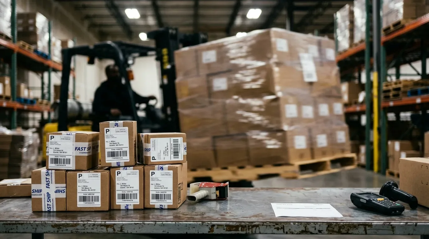 WMS para e-commerce: Fotografia em plano médio mostrando uma estação de preparação de pedidos em um centro de distribuição. Sobre uma bancada metálica texturizada em primeiro plano, destaca-se um lote de pequenas caixas de papelão empilhadas, prontas para o envio e exibindo etiquetas logísticas com códigos de barras e a inscrição "FAST SHIP". Ao lado das encomendas, há um aplicador manual de fita adesiva, um documento impresso e um terminal móvel de dados (coletor). Ao fundo e de forma bastante desfocada, um operador manobra uma empilhadeira carregando um grande palete repleto de caixas envolto em filme plástico stretch.