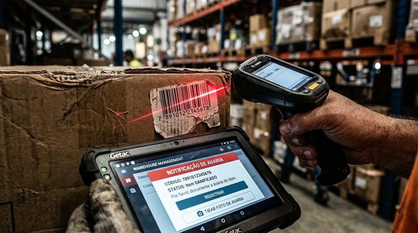 recebimento de mercadorias com WMS: Close-up focado no processo de registro de uma irregularidade em um armazém. À direita, uma mão sem luva aponta um leitor portátil que projeta um feixe de laser vermelho sobre o código de barras rasgado de uma caixa de papelão gasta. Em primeiro plano, outra mão com luva de proteção cinza segura um tablet robusto Getac que exibe um aviso vermelho de erro na tela: "NOTIFICAÇÃO DE AVARIA", com o texto informando "STATUS: Item DANIFICADO. Por favor, documente a avaria do item" acima dos botões de registrar e tirar foto. Ao fundo, veem-se estruturas de armazenamento desfocadas.