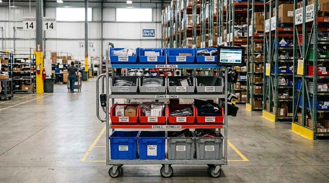 estratégia de picking WMS: Fotografia em plano médio de um carrinho de coleta de mercadorias (picking cart) metálico com rodinhas, estacionado no meio de um corredor de armazém. O carrinho possui prateleiras organizadas de forma cromática com caixas plásticas etiquetadas: a fileira superior contém caixas azuis identificadas como "ZONA A - AZUL"; a segunda fileira possui caixas cinzas como "ZONA B - CINZA"; a terceira traz caixas vermelhas como "ZONA C - VERMELHO"; e a base combina caixas grandes azuis e cinzas. Um pequeno monitor digital com tela de instruções está acoplado na lateral superior do carrinho. Ao fundo, destacam-se grandes estruturas de porta-paletes numeradas.