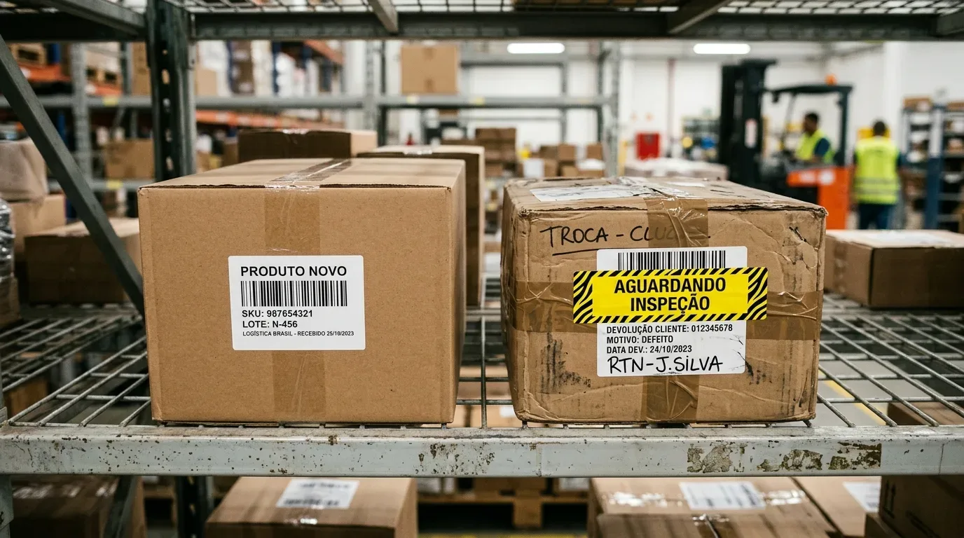 logística reversa no WMS: Fotografia em close-up focada em duas caixas de papelão dispostas na prateleira metálica de um centro de distribuição. A caixa da esquerda possui um adesivo identificado como "PRODUTO NOVO", contendo código de barras, SKU e lote. A caixa da direita, reaproveitada para devolução, traz a anotação manual "TROCA" e destaca-se por um adesivo amarelo e preto de atenção com o texto "AGUARDANDO INSPEÇÃO", registrando o "MOTIVO: DEFEITO" e a identificação "RTN - J. SILVA". Ao fundo desfocado, operários com coletes refletivos e uma empilhadeira trabalham nas alamedas do armazém.