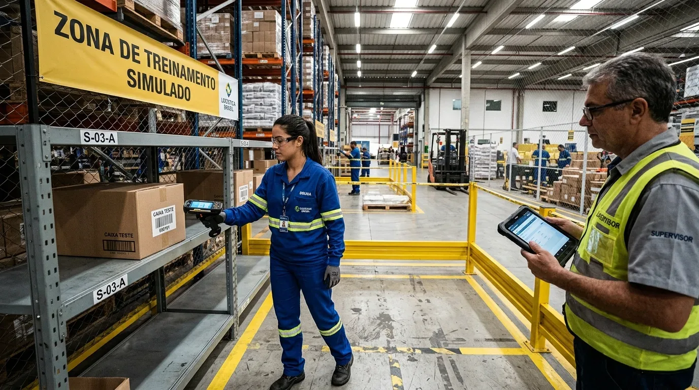 treinamento de equipe para WMS: Uma visão de médio alcance de uma estagiária e seu supervisor de armazém em treinamento simulado. A estagiária, uma jovem usando óculos de proteção, camisa polo escura, identificação, jeans e listras refletivas, está escaneando uma caixa de papelão com o rótulo "CAIXA TESTE" em uma prateleira metálica usando um terminal de dados portátil robusto. O supervisor, um homem mais velho com óculos em um colete de segurança com os logotipos "SUPERVISOR" e "LOGISTICA BRASIL", está de pé à direita, observando e segurando um tablet. Uma placa amarela proeminente acima deles no armazém diz "ZONA DE TREINAMENTO SIMULADO" e "LOGISTICA BRASIL". Prateleiras de armazém cheias de mercadorias preenchem o grande fundo industrial.