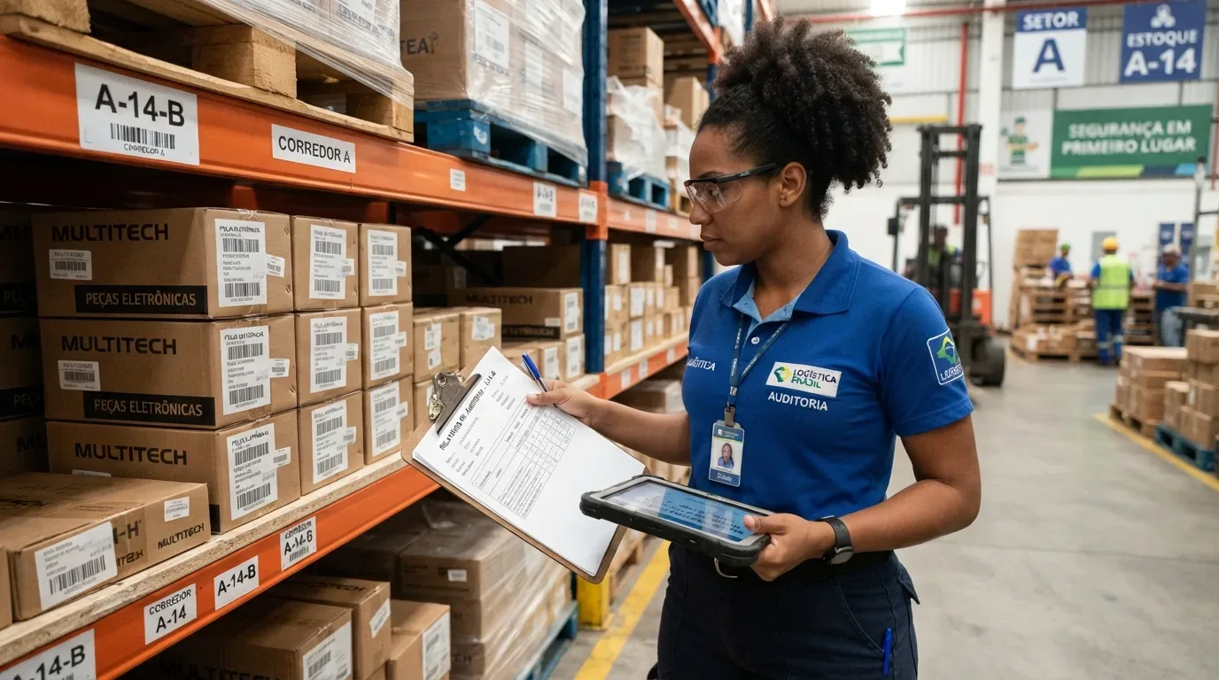 MTBF e MTTR em armazém: Fotografia em plano médio de uma auditora negra de cabelos cacheados presos, usando óculos de proteção e camisa polo azul da "LOGÍSTICA BRASIL - AUDITORIA" com o patch da bandeira do Brasil na manga. Ela está no corredor de um armazém segurando uma prancheta com fichas de verificação na mão esquerda e um tablet industrial na mão direita, enquanto inspeciona caixas etiquetadas como "MULTITECH PEÇAS ELETRÔNICAS". As prateleiras exibem placas de localização como "CORREDOR A" e "A-14-B". Ao fundo, avistam-se empilhadeiras, outros operadores de colete e a faixa "SEGURANÇA EM PRIMEIRO LUGAR".