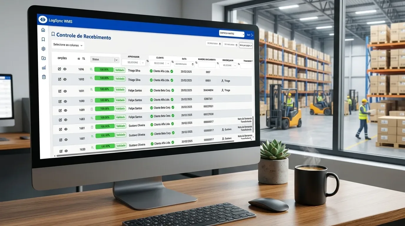 erros na implantação de WMS: Vista em primeiro plano de um monitor de computador em cima de uma mesa de escritório de madeira clara. A tela exibe a interface do sistema "LogSync WMS" na página "Controle de Recebimento", contendo uma tabela detalhada com dados organizados, nomes de aprovadores e barras de progresso verdes marcando "100.00% Validado". À frente do monitor, encontram-se um teclado preto, um mouse cinza, um pequeno vaso com uma suculenta e uma caneca preta soltando fumaça de café quente. Ao fundo, através de uma grande janela de vidro, observa-se o interior de um armazém logístico ativo com empilhadeiras amarelas operando entre altas prateleiras de paletes.