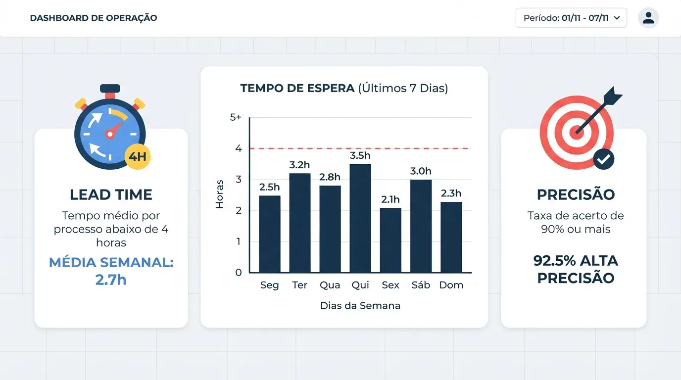 cross-docking logística: Infográfico de uma tela de gerenciamento intitulada "DASHBOARD DE OPERAÇÃO", com um filtro de período no canto superior direito. O layout limpo é dividido em três cartões principais sobre um fundo quadriculado cinza-claro:  Esquerda (Lead Time): Exibe o título "LEAD TIME" com a descrição "Tempo médio por processo abaixo de 4 horas" e destaca o resultado de "MÉDIA SEMANAL: 2.7h" abaixo do desenho de um cronômetro.  Centro (Tempo de Espera): Apresenta um gráfico de barras verticais intitulado "TEMPO DE ESPERA (Últimos 7 Dias)" que detalha as horas gastas de segunda a domingo (variando entre 2.1h e 3.5h), todas situadas abaixo de uma linha limite pontilhada em vermelho.  Direita (Precisão): Destaca o título "PRECISÃO" com a descrição "Taxa de acerto de 90% ou mais" e o indicador final de "92.5% ALTA PRECISÃO" ao lado do ícone de um alvo com um símbolo de verificação.