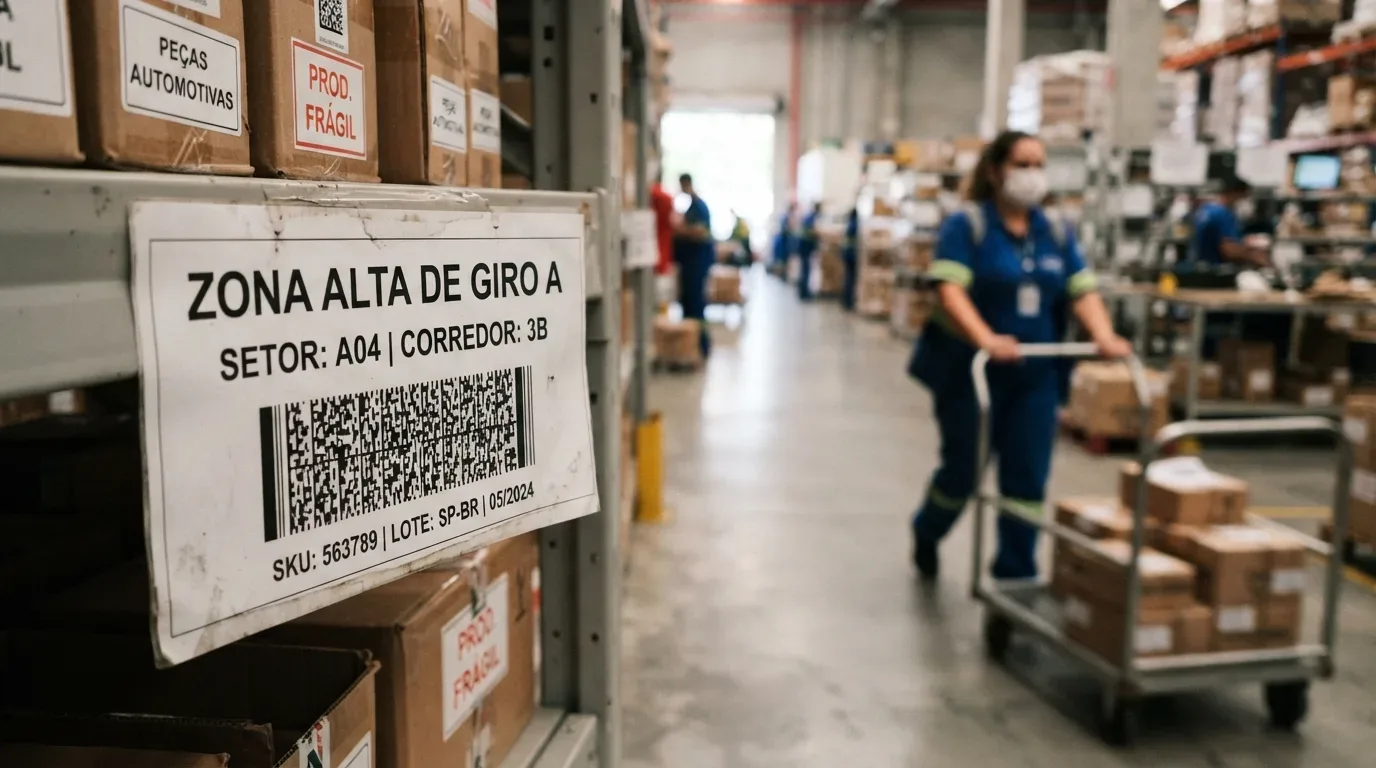 slotting de armazém: Fotografia em plano detalhado focando na etiqueta de identificação de slotting fixada na estrutura metálica de uma prateleira de armazenagem. A placa exibe em destaque o texto "ZONA ALTA DE GIRO A", acompanhado da localização "SETOR: A04 | CORREDOR: 3B", um código de barras bidimensional e o texto "SKU: 563789 | LOTE: SP-BR | 05/2024". Nas prateleiras, veem-se caixas sinalizadas com "PEÇAS AUTOMOTIVAS" e "PROD. FRÁGIL". Ao fundo desfocado, uma funcionária de uniforme azul e máscara conduz um carrinho metálico com mercadorias pelo corredor.